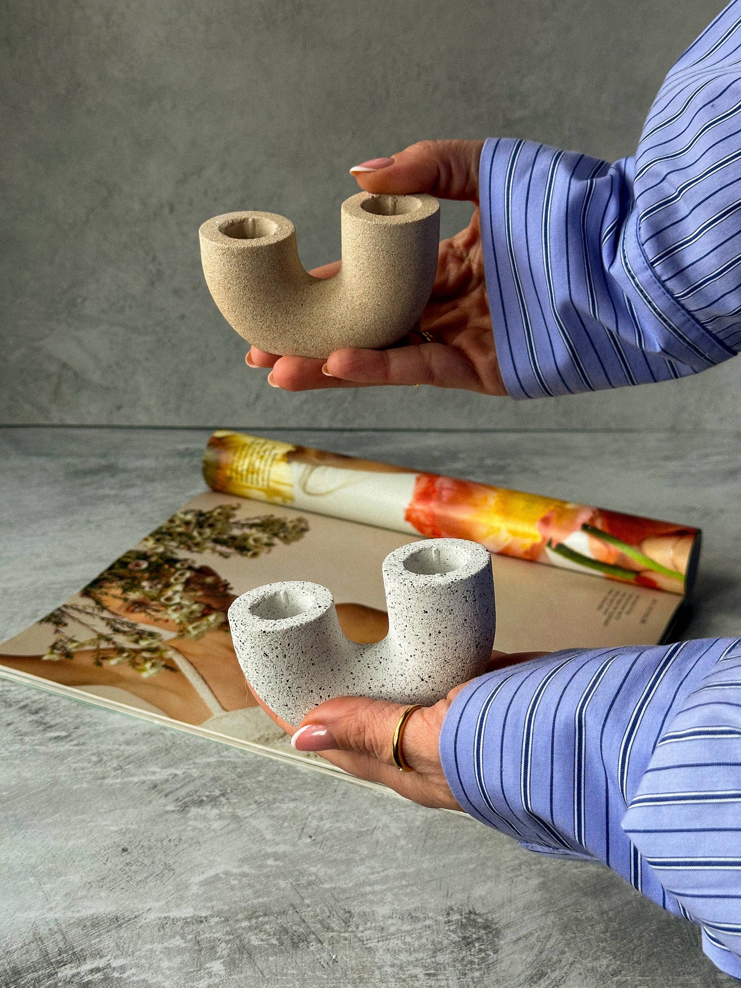 Earthy U Shape Dinner Candle Holder Stone Textured Home Deco: Bath Stone