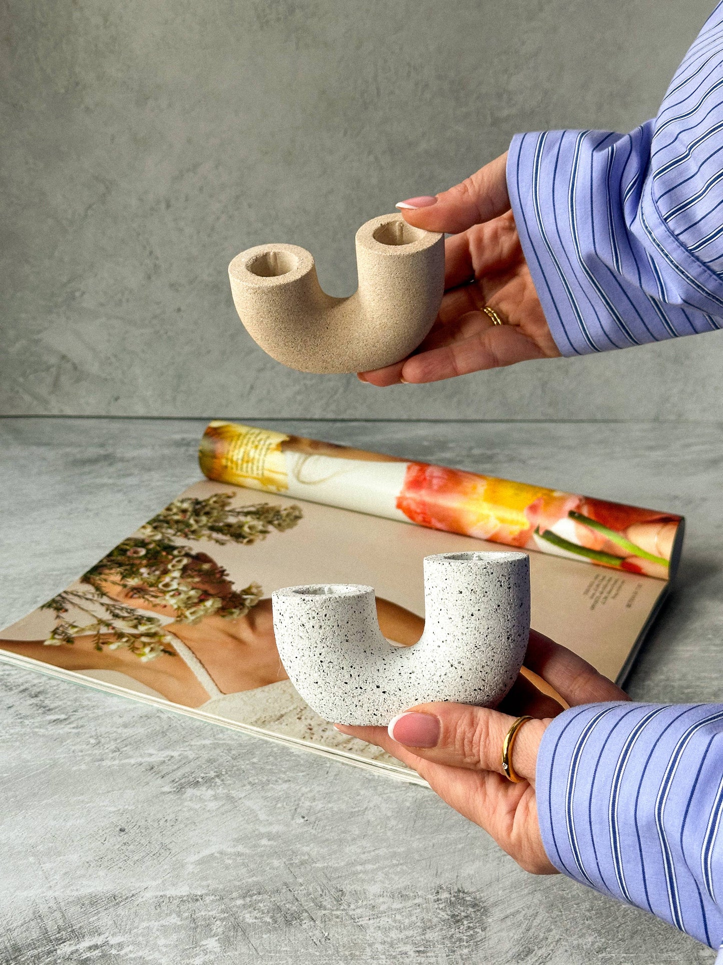 Earthy U Shape Dinner Candle Holder Stone Textured Home Deco: Bath Stone