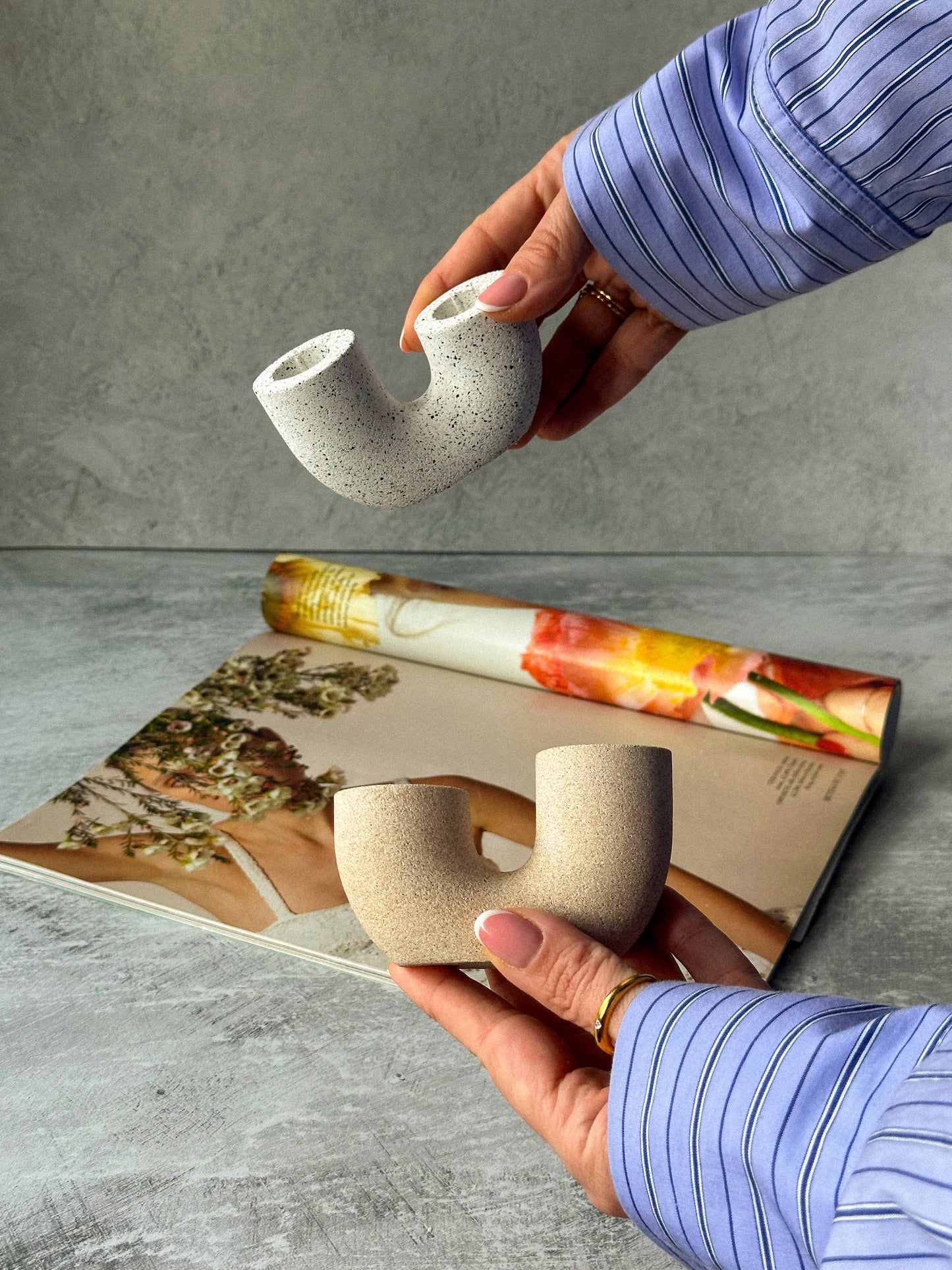 Earthy U Shape Dinner Candle Holder Stone Textured Home Deco: Bath Stone