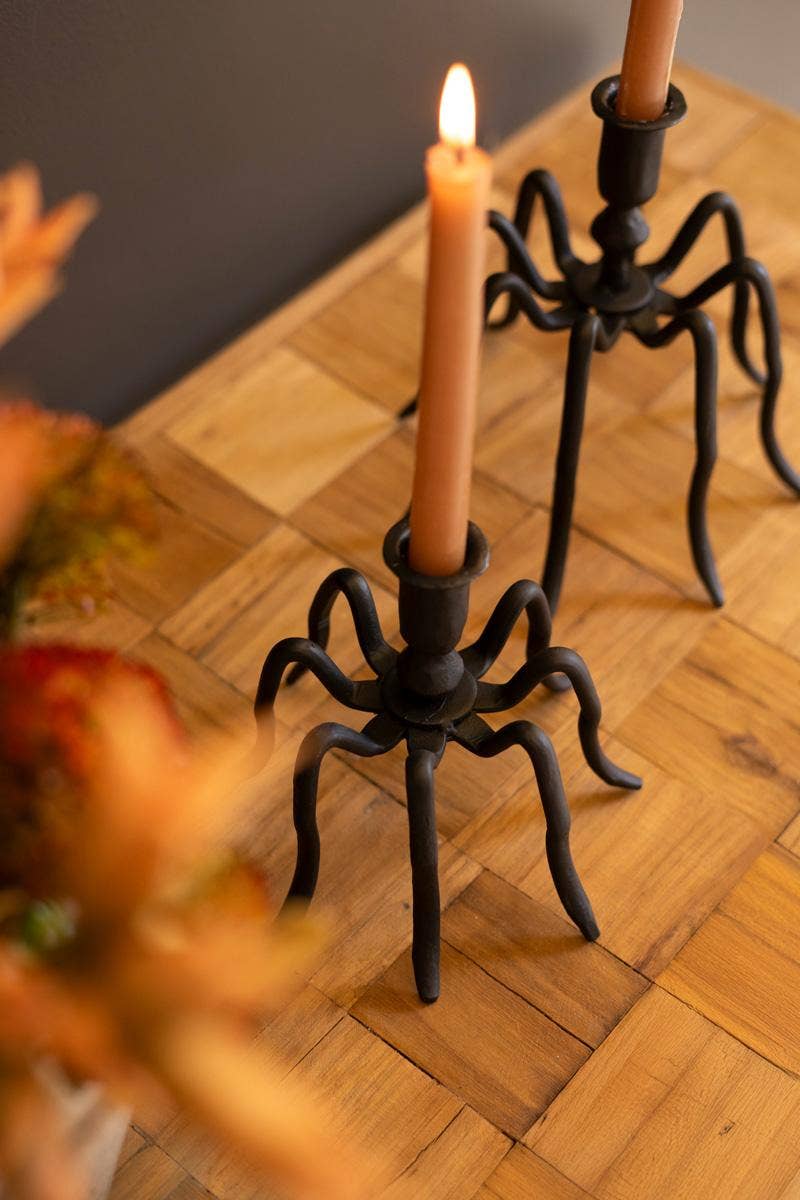 SET OF TWO SPIDER TAPER CANDLE HOLDERS: Black / Iron / Large: 8" x 8.5" x 8.5"t; 
Small: 7" x 7" x 6.5"t