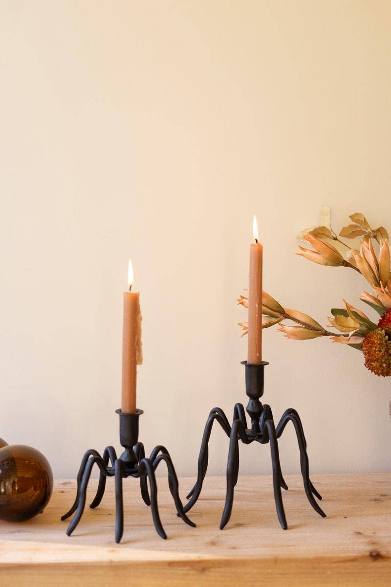 SET OF TWO SPIDER TAPER CANDLE HOLDERS: Black / Iron / Large: 8" x 8.5" x 8.5"t; 
Small: 7" x 7" x 6.5"t