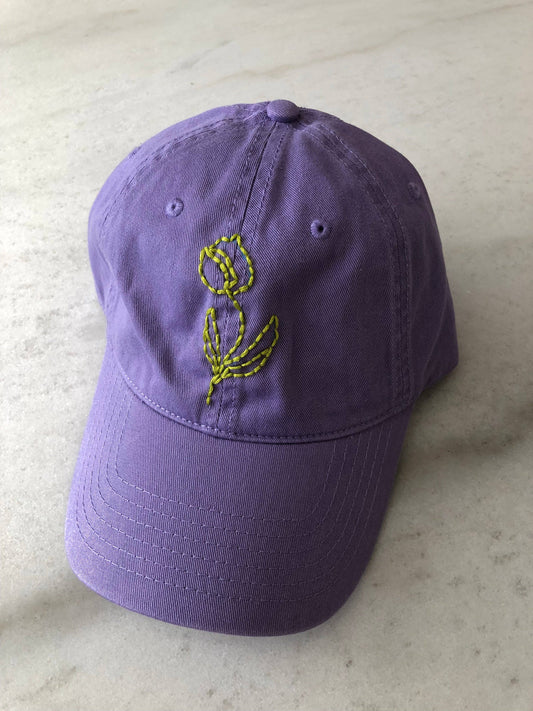 HAND EMBROIDERED TULIPS CAPS: Lavender