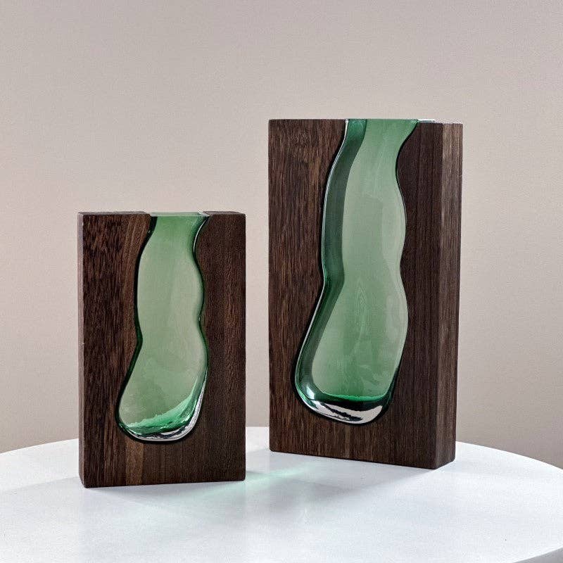 Nordic Wooden Base Glass Vase – Minimalist Home Decor Accent: Small