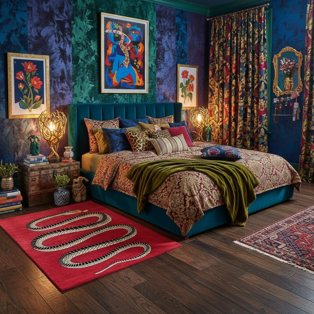 Retro Red Snake Hand Tufted Wool Rug: 4' x 6'