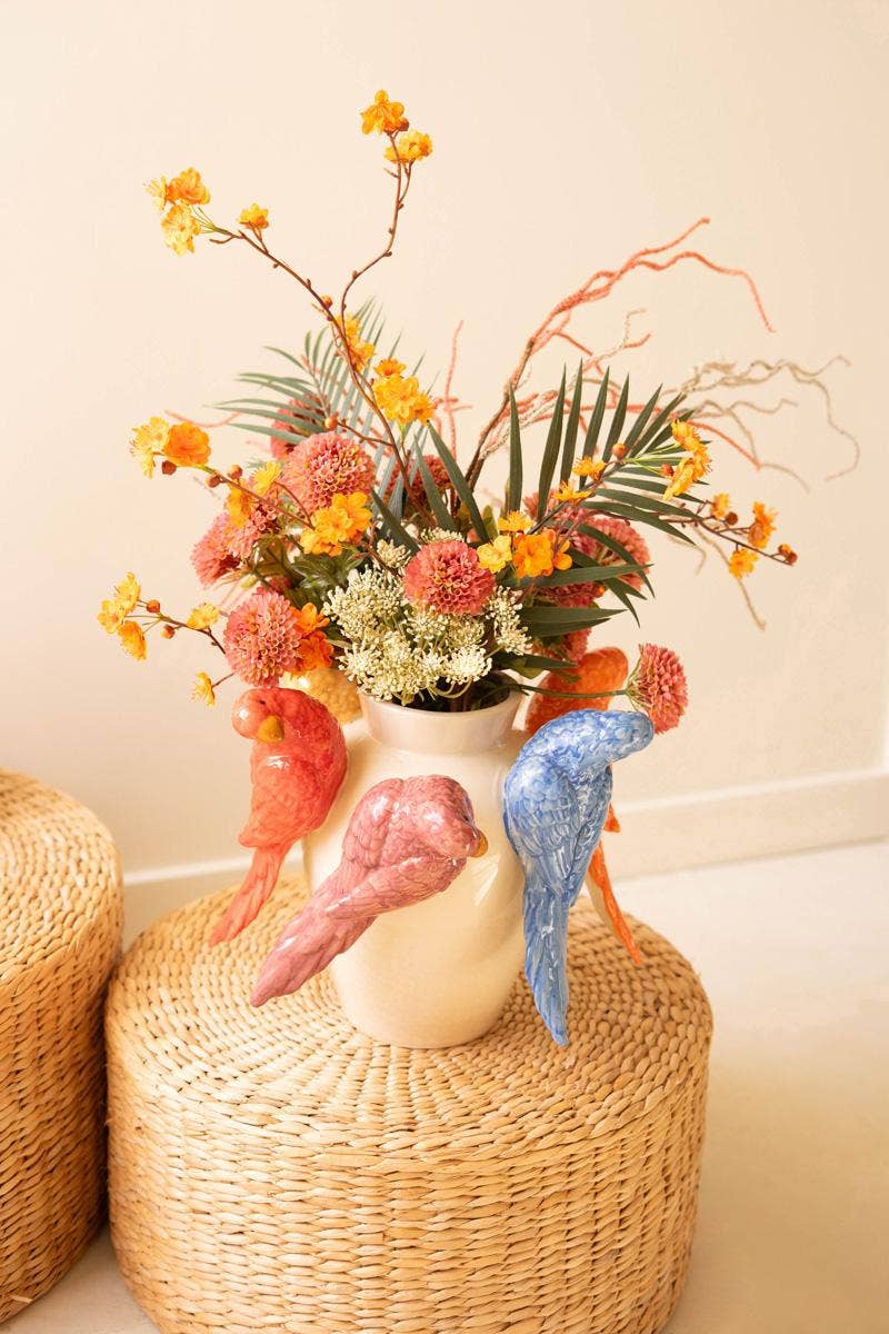 CERAMIC PARROTS VASE: Multi / Ceramic / 13.5" x 14" x 11.5"t