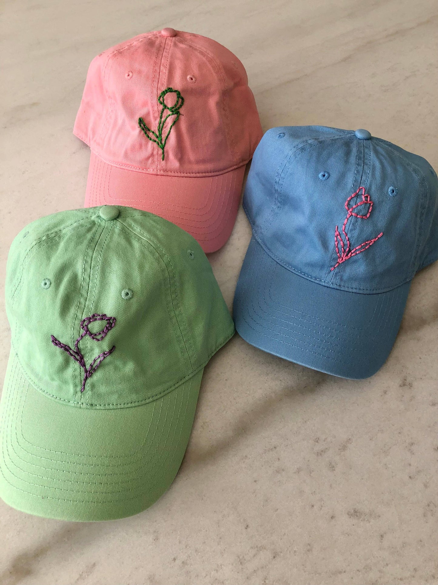 HAND EMBROIDERED TULIPS CAPS: Cloud ☁️