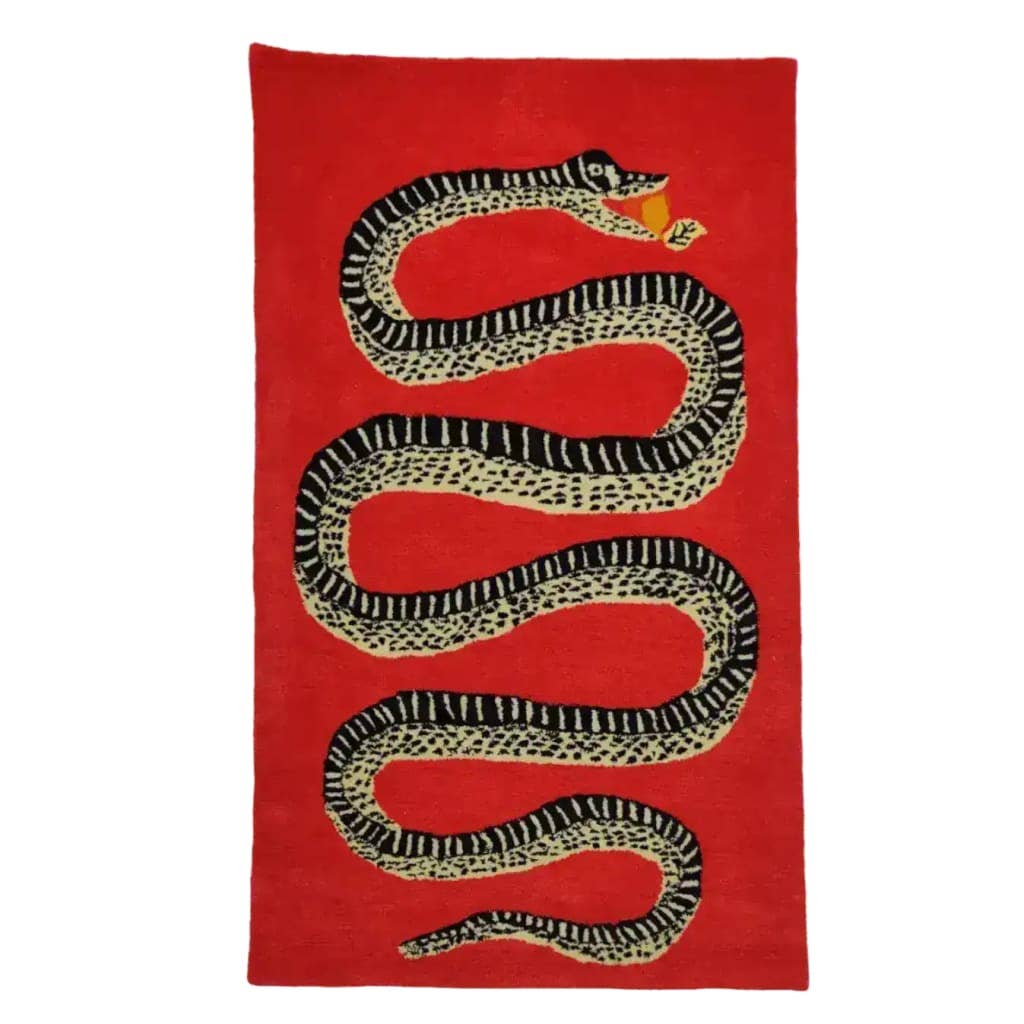 Retro Red Snake Hand Tufted Wool Rug: 4' x 6'