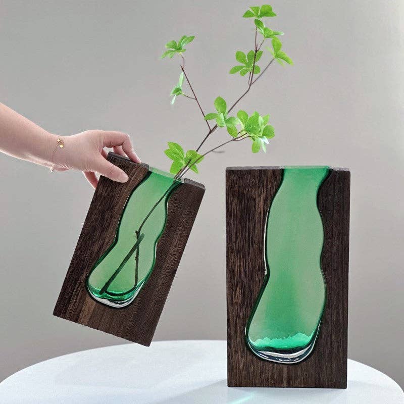 Nordic Wooden Base Glass Vase – Minimalist Home Decor Accent: Small