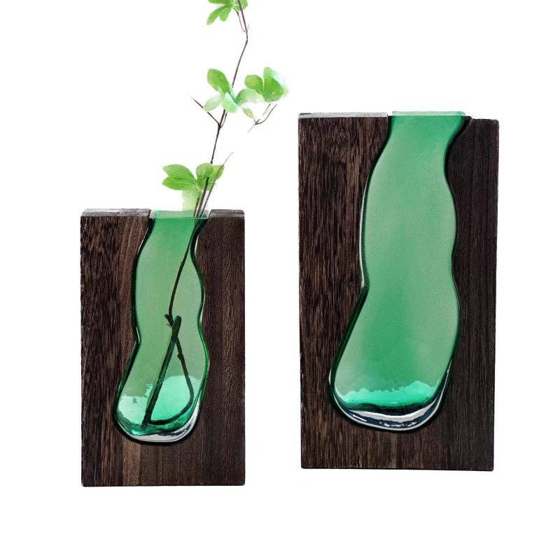 Nordic Wooden Base Glass Vase – Minimalist Home Decor Accent: Small