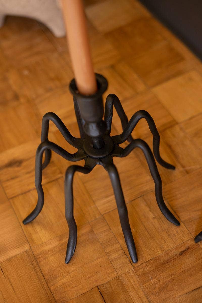 SET OF TWO SPIDER TAPER CANDLE HOLDERS: Black / Iron / Large: 8" x 8.5" x 8.5"t; 
Small: 7" x 7" x 6.5"t