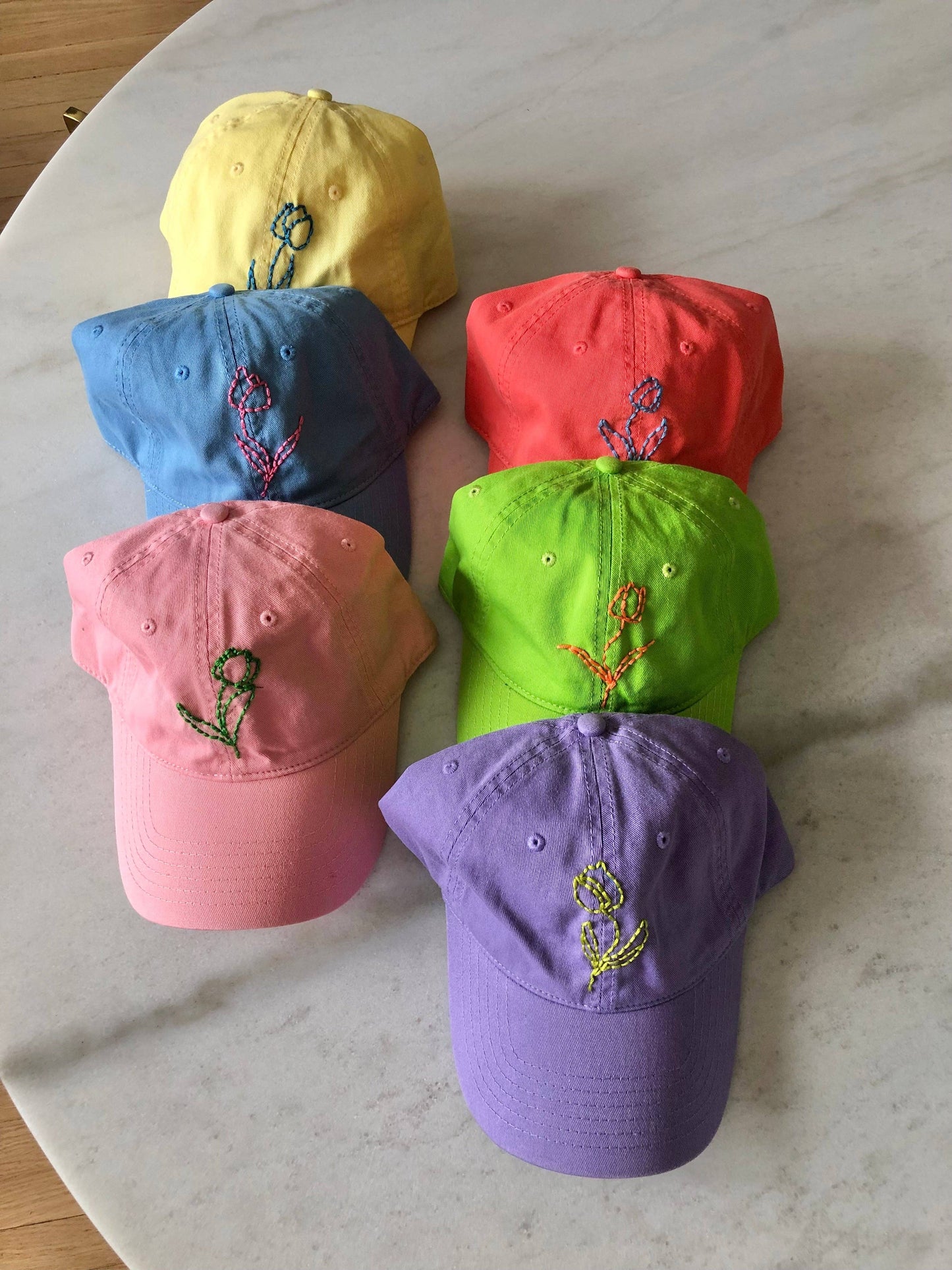 HAND EMBROIDERED TULIPS CAPS: Lavender