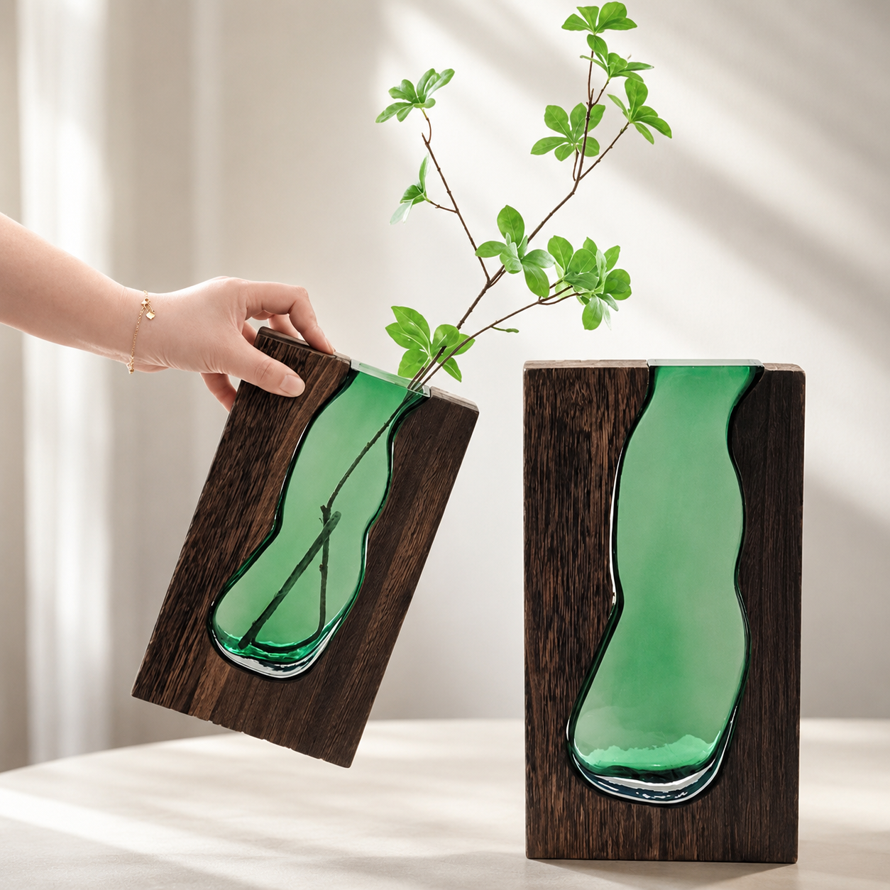 Nordic Wooden Base Glass Vase – Minimalist Home Decor Accent: Small