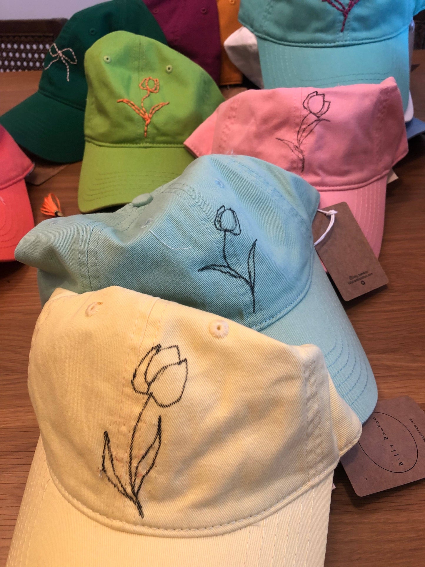 HAND EMBROIDERED TULIPS CAPS: Lavender