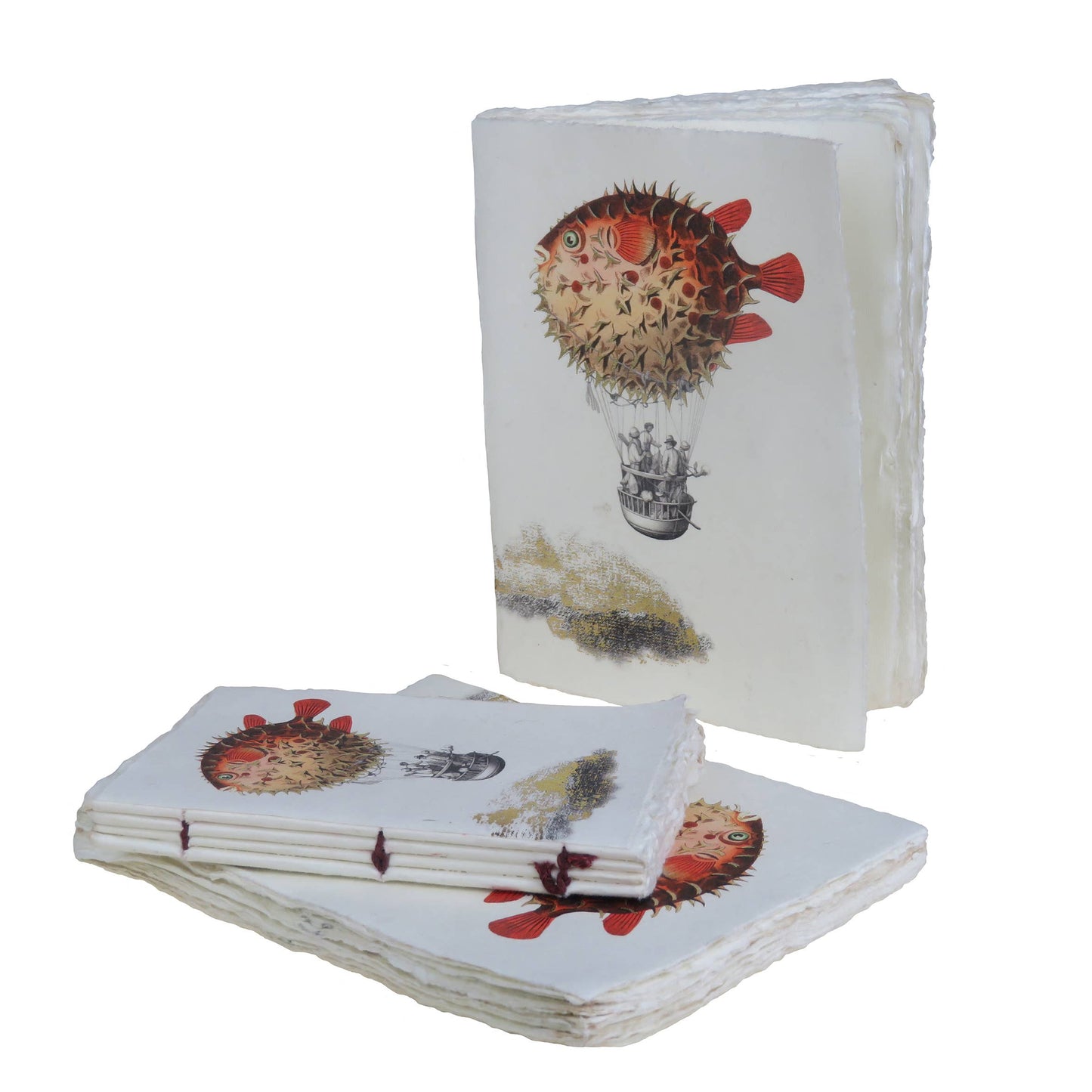 Parchment paper notebook, surreal hot air balloon and fish: 10 x 15 cm