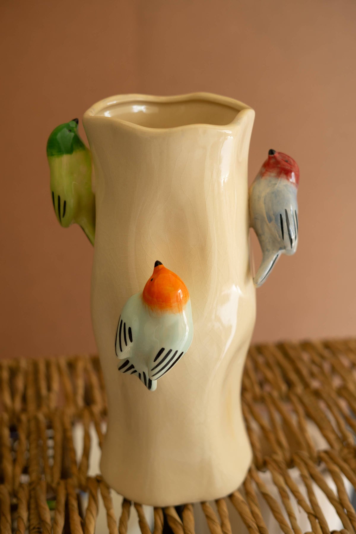 CERAMIC LOG VASE WITH COLORFUL BIRDS: Multi / Ceramic / 8"d x 12.5"t