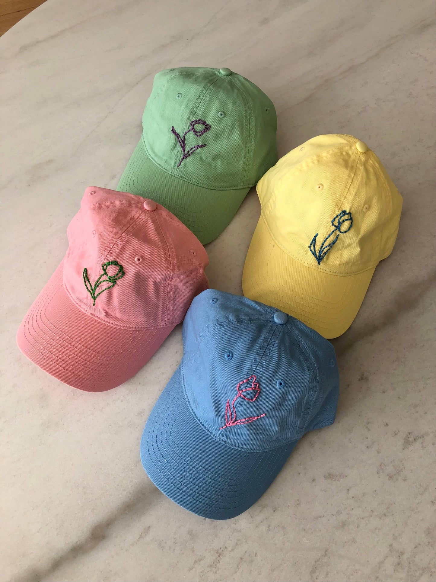HAND EMBROIDERED TULIPS CAPS: Matcha 🍃