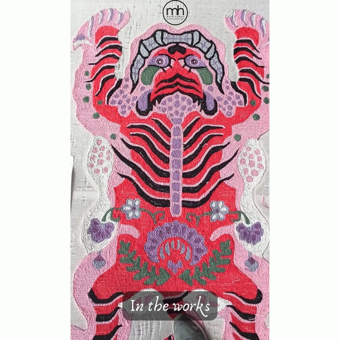 Chinoiserie Pink Tibetan Tiger Tufted Wool Rug: 2' x 3'