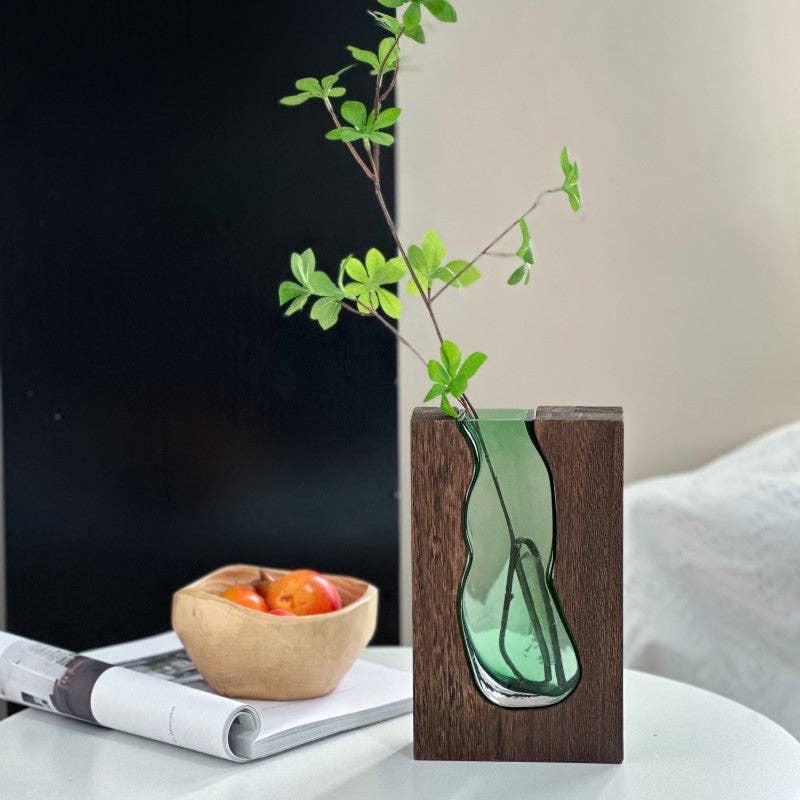 Nordic Wooden Base Glass Vase – Minimalist Home Decor Accent: Small