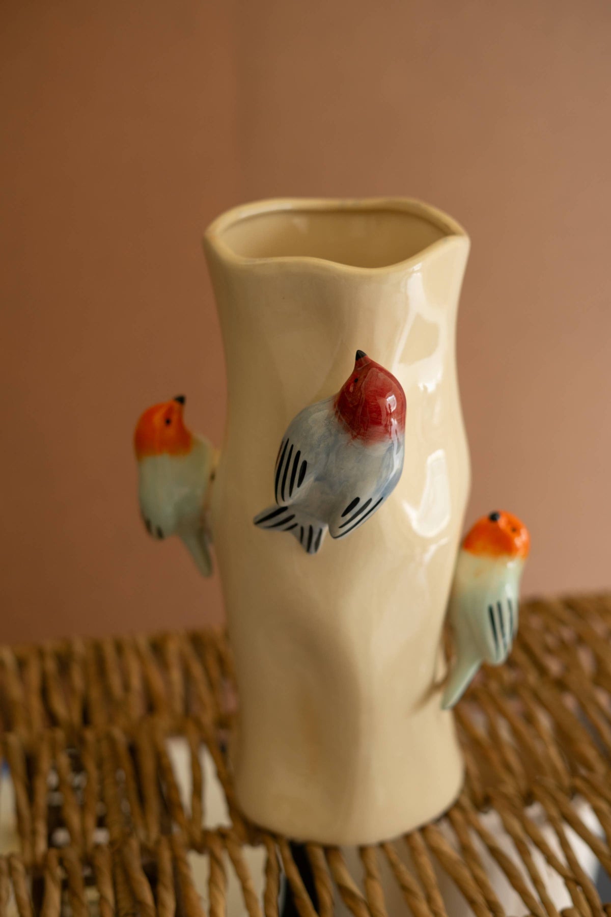 CERAMIC LOG VASE WITH COLORFUL BIRDS: Multi / Ceramic / 8"d x 12.5"t