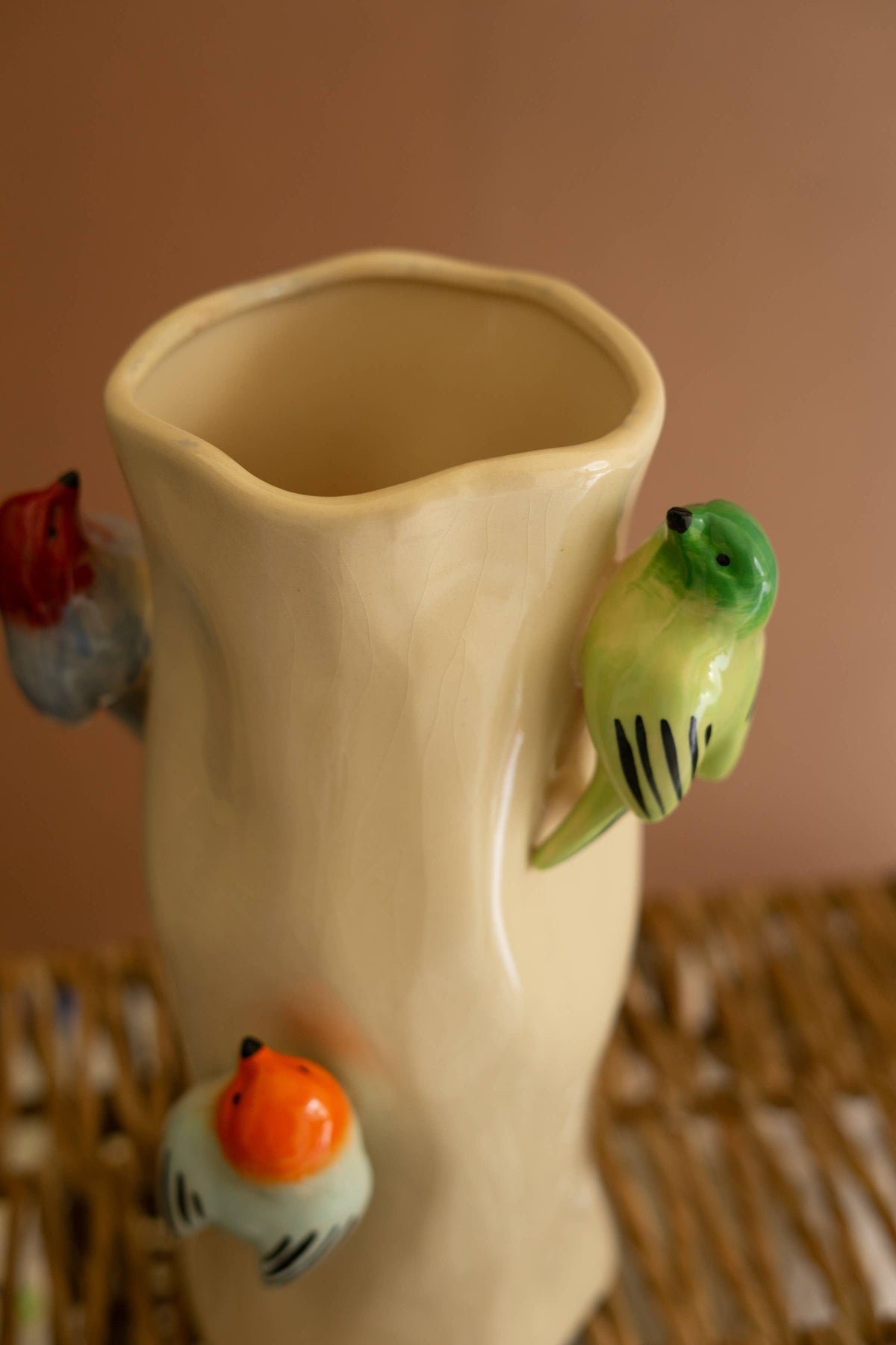 CERAMIC LOG VASE WITH COLORFUL BIRDS: Multi / Ceramic / 8"d x 12.5"t