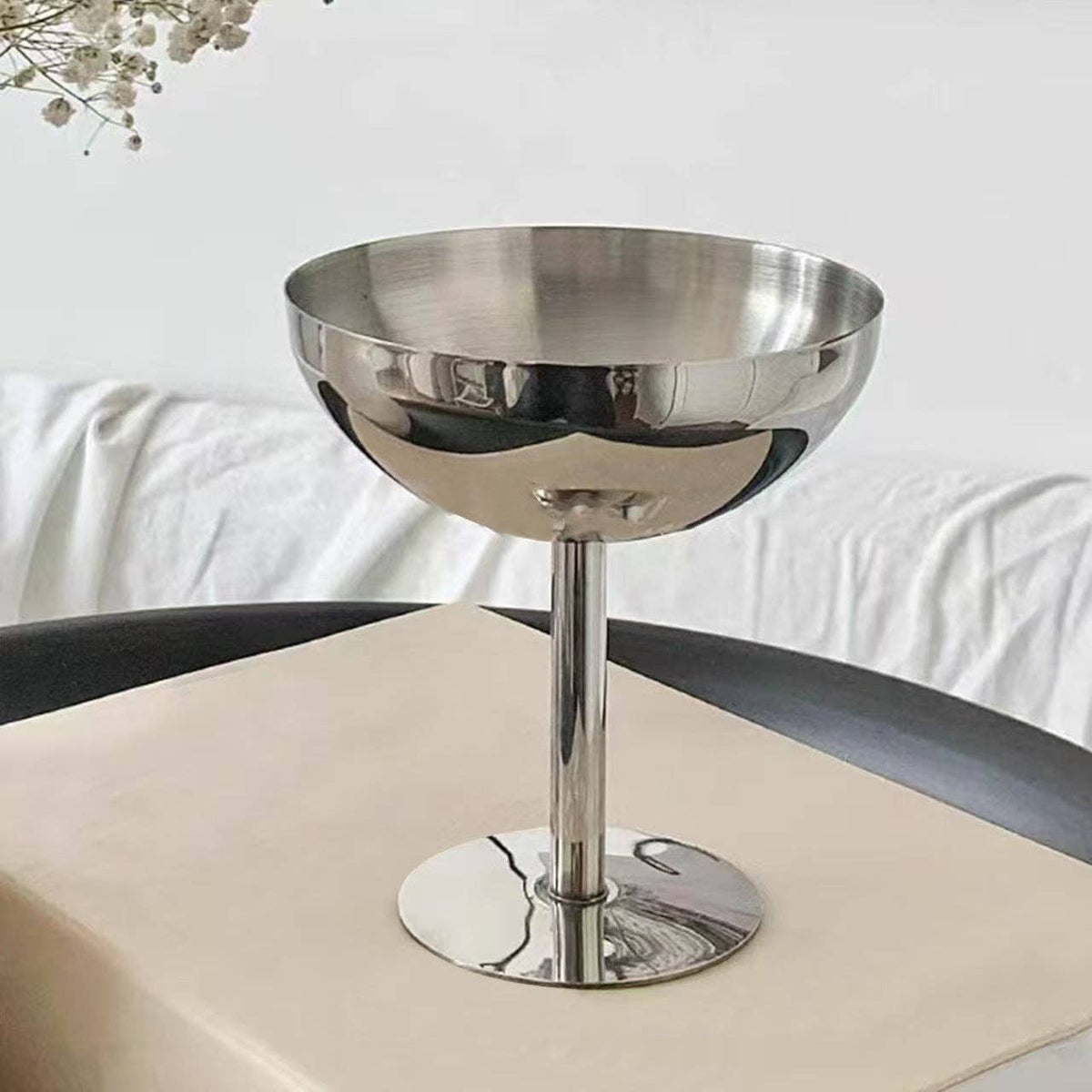 Stainless Steel Wide Mouth Stemmed Dessert Cup: Silver