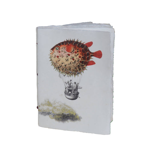 Parchment paper notebook, surreal hot air balloon and fish: 10 x 15 cm