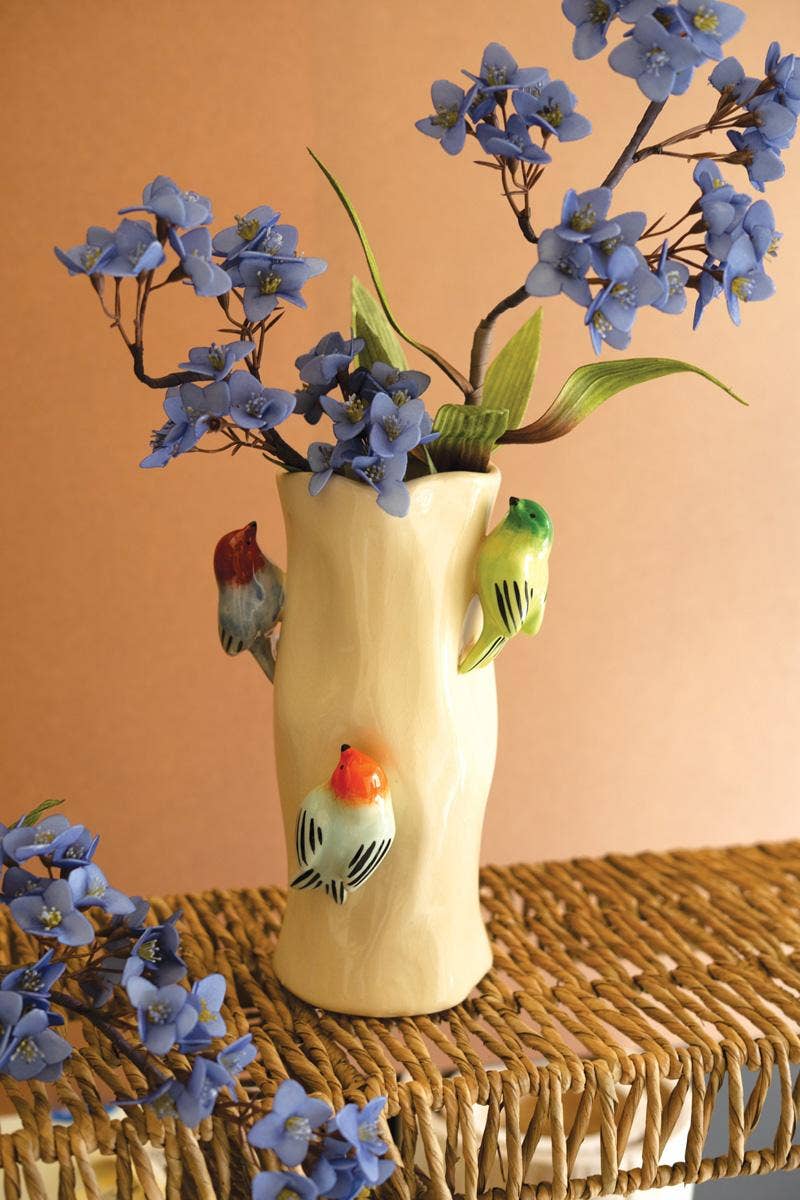 CERAMIC LOG VASE WITH COLORFUL BIRDS: Multi / Ceramic / 8"d x 12.5"t