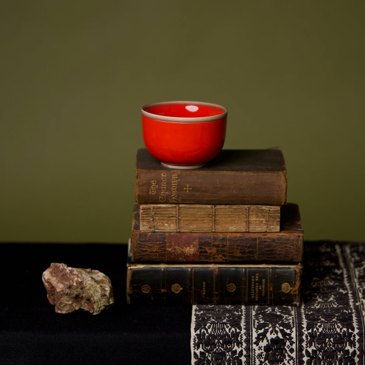 Rimmed Hermit Cup, Glossy Porcelain - Set of 4: Coral Red