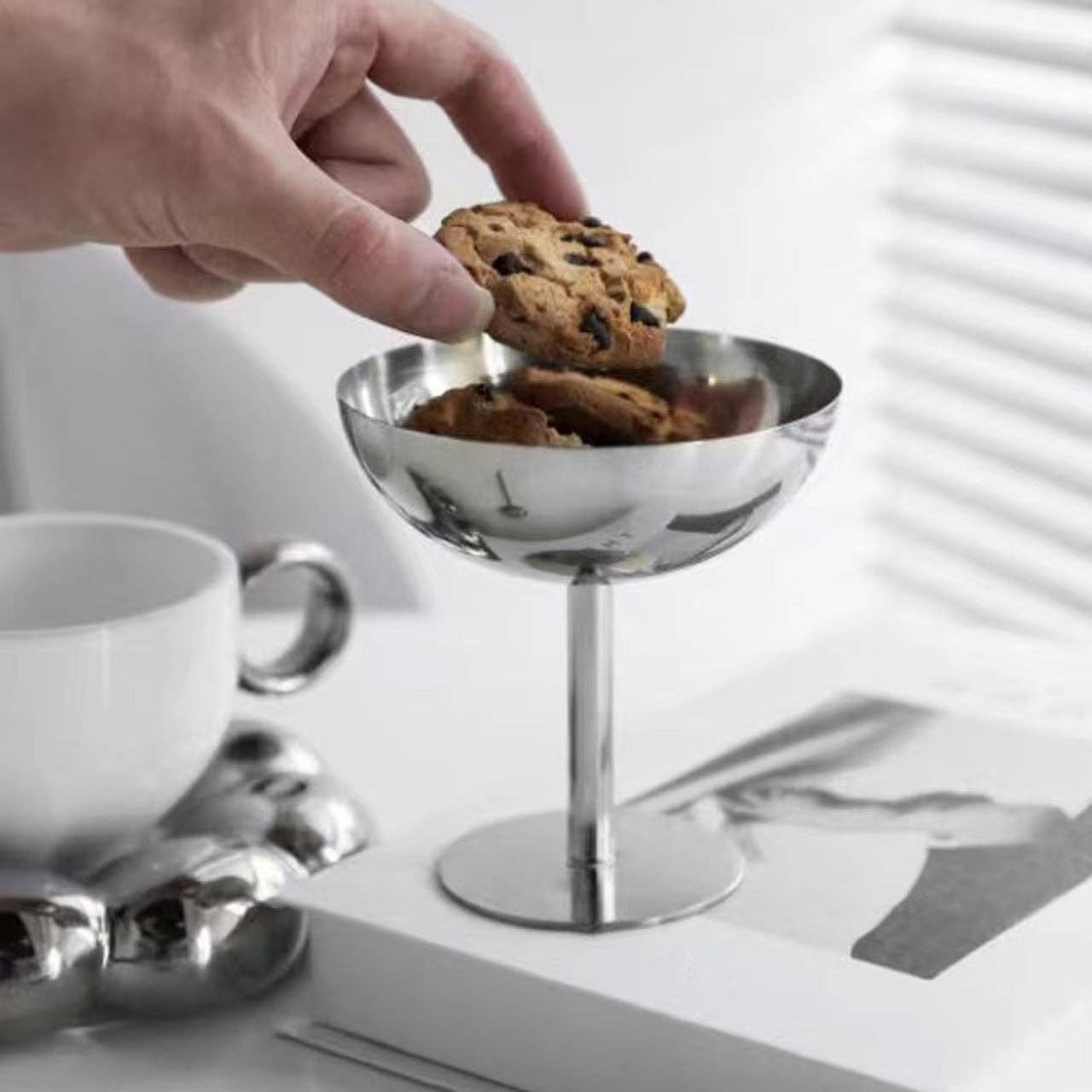 Stainless Steel Wide Mouth Stemmed Dessert Cup: Silver